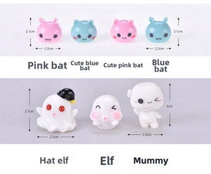 Mini Halloween figurines featuring cute bats and ghosts with dimensions in centimeters