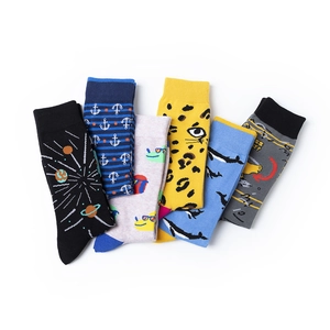 Collection of six cotton mid-calf socks with vibrant cartoon animal and space patterns