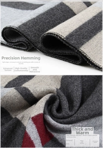 Detailed close-up of thick knitted winter scarf showing gray and red striped texture