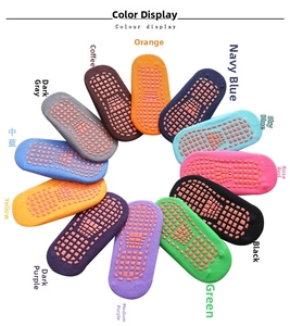 Detail showing 12 color options of non-slip children floor socks with silicone dots