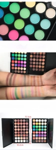 Detail der 40-Farben Lidschattenpalette matt und schimmernd mit Swatches und Maßen