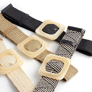 Women's elastic straw woven belts with square resin buckles in four assorted colors