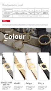 Size chart and detail view of woven elastic belts with round buckles for various waist sizes