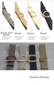 Detail of elastic woven belts with assorted round wooden and bamboo buckles in four colors
