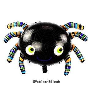 Detailed view of giant spider foil balloon with colorful legs and web pattern for Halloween