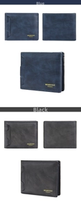 Detail view of multi-slot men's short wallets in blue and black textured leather