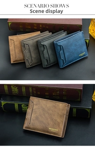 Detailed view of vintage bifold wallets in four colors on a textured dark desk