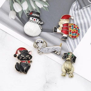 Detailed close-up of festive enamel Christmas brooches featuring Santa and snowman patterns