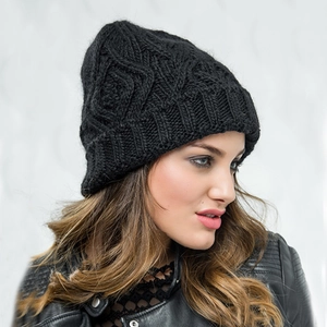 Women's black knit beanie with soft thick yarn rhombus pattern for autumn and winter