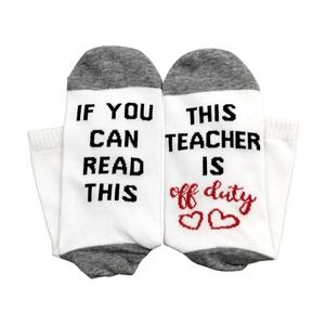 NURSE IS OFF DUTY novelty crew socks in white and grey with creative gift text