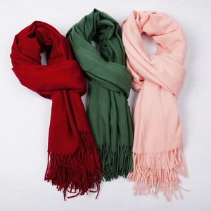 Thick solid cashmere-like scarf with tassels in red, dark green and light pink colors