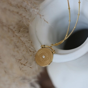 Double-layered 18K gold plated titanium steel necklace with star coin and zircon pendant