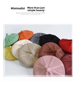 Flat lay of colorful knitted kids berets showing various colors and textures