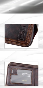 Detail view of the embossed brand logo and frosted photo slot on dark brown leather wallet