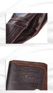 Close-up of brown leather trifold wallet showing card slots and embossed logo details