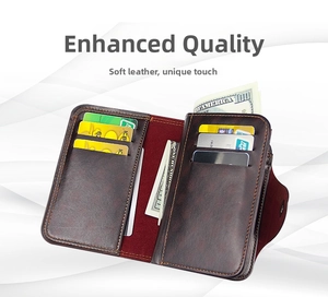 Detail view of dark brown leather wallet showing multi-card slots and inner cash compartment