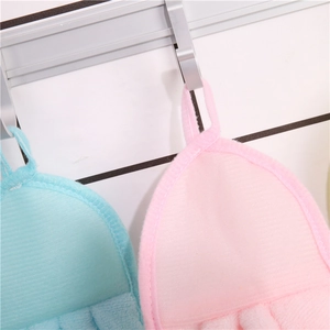 Hanging coral velvet hand towels in pink and blue for kitchen cleaning use