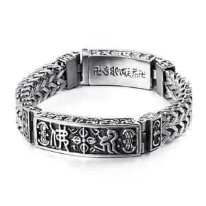 Men Retro Stainless Steel Bracelet Industrial Steampunk Gear Religious Mantra Braided Chain Punk Jewelry
