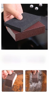 Macro detail of abrasive emery sponge removing rust and stains from heavy iron pans