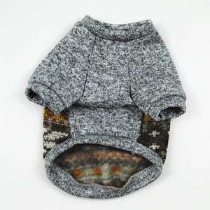 Detail view of dog sweater with thick fleece lining and grey camouflage knit texture