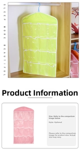 Detail view of 16-grid hanging storage bag with clear PVC pockets for closet organization