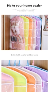 Detail of 16-pocket hanging organizer showing colorful mesh slots for underwear storage