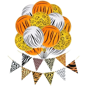 Detail of animal print balloons and jungle theme triangle flags for party decoration