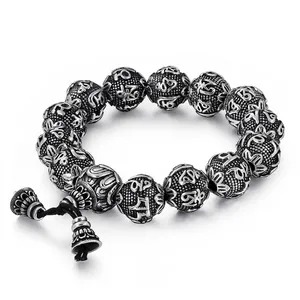 Bracciale Di Perline In Acciaio Inossidabile Uomo Vintage Buddista Mantra Delle Sei Sillabe Stile Etnico Religioso Gioielli Argento