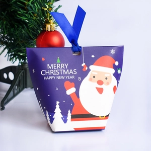Blue Christmas gift box set with Santa Claus pattern and ribbon for holiday treats