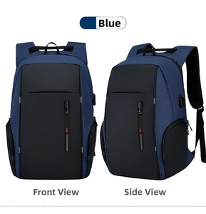 Dettaglio dello zaino business per laptop in tessuto blu e nero con porta di ricarica USB