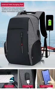 Dettaglio dello zaino porta PC business con porta di ricarica USB esterna e cavo incluso