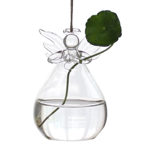 Hanging angel-shaped glass hydroponic vase with green plant and natural jute rope