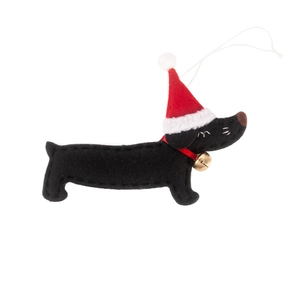 Cute black dachshund Christmas tree ornament with a red festive hat and golden bell