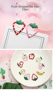 Detail of colorful drip oil fruit hair clips featuring strawberry and apple designs