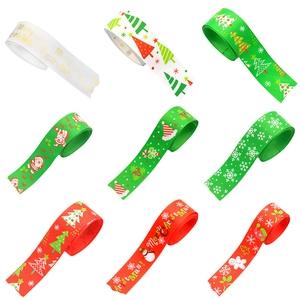 Detail of Christmas ribbon rolls featuring festive patterns and Merry Christmas text