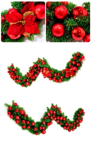 Macro detail of 2.7m Christmas garland with red poinsettia flowers and festive ornaments