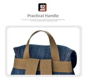 Dettaglio del manico in denim e delle cinghie in nylon su uno zaino blu vintage
