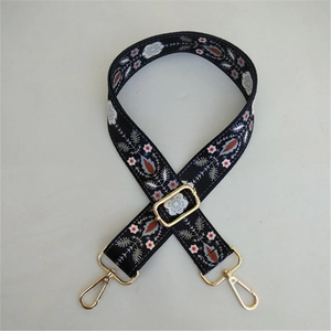 Close-up of adjustable ethnic pattern purse strap with gold metal lobster clasps