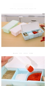 Detail of 4-compartment seasoning box with spoons and transparent lid in various colors