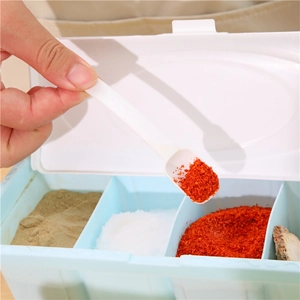 Light blue 4-compartment seasoning box with spoon and lid for salt and spices