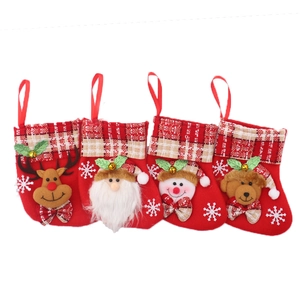 Detail of 4-pack Christmas stockings featuring reindeer, Santa, snowman, and bear characters