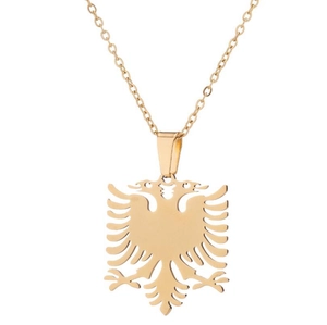 Detailed view of golden Albanian eagle necklace featuring hollow double-headed eagle pendant