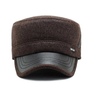 Casquette d'hiver en laine marron foncé avec visière en similicuir et cache-oreilles