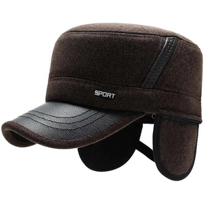 Casquette plate d'hiver en laine pour hommes avec cache-oreilles réglable en marron foncé