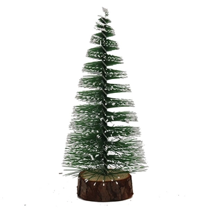 Mini green cedar Christmas tree with snow effect and wooden base on white background