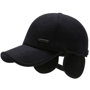 Winter men's black thermal baseball cap with ear flaps and SPORT metal detail