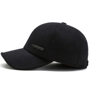 Winter men's black baseball cap with thickened fleece and sport metal plate logo