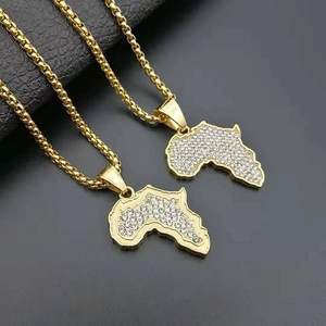 Hip hop gold plated stainless steel Africa map pendant necklace with micro pave diamonds