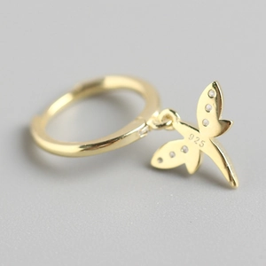 S925 sterling silver dragonfly hoop earrings with gold finish and sparkling crystals