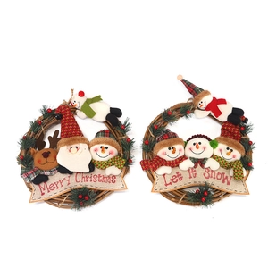 Christmas rattan wreaths set with Santa and snowman dolls for holiday wall decoration